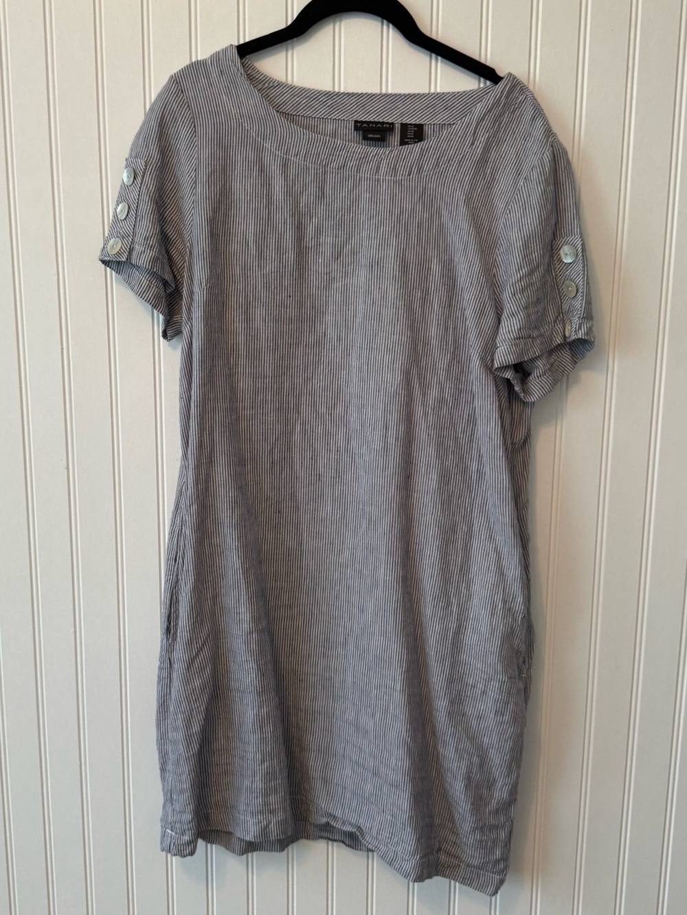 Tahari 100% Linen Pinstripe Shift Dress Grey Blue Button Sleeve Pockets M